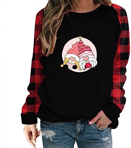 Кошули за в Valentубените за жени Симпатични гноми печати со срцев ракав маичка Бафало карирана раглан пулвер Туника Топ блуза