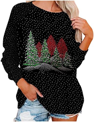 Надворешна облека за екипаж дами манжетни со долги ракави снежни дрва печати лабава вклопена празнична Божиќна маичка за дуксер тинејџерска девојка