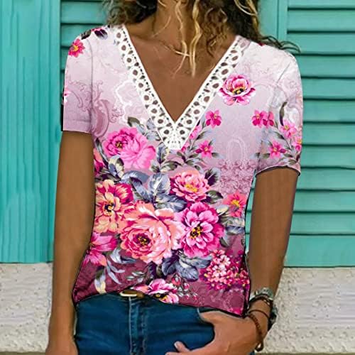 Капчиња чипка трим блуза за жени модна трендовски обичен v врат кратки ракави за печатење на врвот на врвот