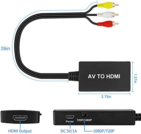 Cikiaer RCA до HDMI, машки AV до HDMI конвертор, композитни CVBS до HDMI адаптер за поддршка PAL/NTSC за PS3/STB/Xbox VHS/VCR/Blue-Ray DVD