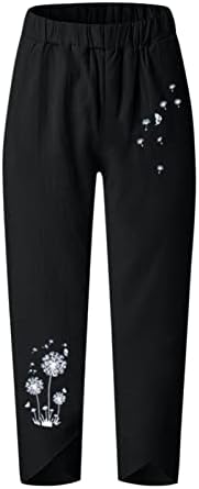 Beенски женски печатено плажа исечени товари со џемпери со џебни панталони памучни памучни постелнини еластични панталони за половината