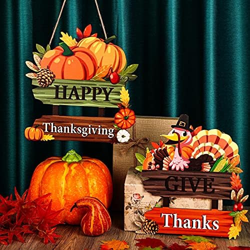 2 парчиња Дајте благодарност од дрво знак и среќен знак на вратата на Денот на благодарноста Денот на благодарноста од тиква од тиква,