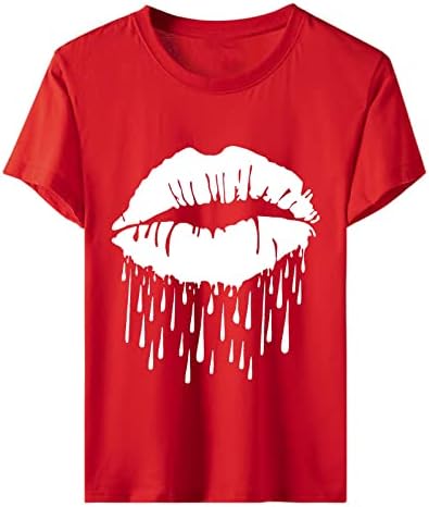 Womenенски брод врат врвови маички за девојчиња со кратки ракави усни графички опуштени секси секси есенски летни врвови облека
