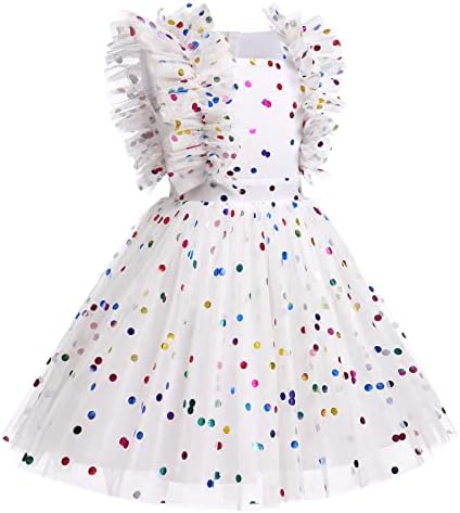 Бебе девојки sequins romper tutu фустан со цветни точки на куглање, печати летни трепкања ракави принцези роденденски забава фустани