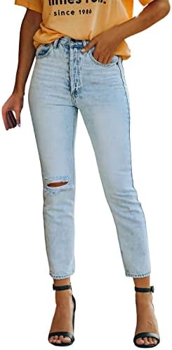 Womenенски фармерки обичен патент плус големина трендовски копче искинато уличен стил тенок фит фармерки испружени потресени истегнати тексас панталони