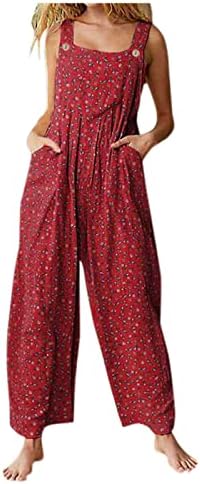 Женски боемски цветни спојувања 2023 летни обични ромци без ракави лабави се вклопуваат широки панталони за нозе Биб Биб комбинезони