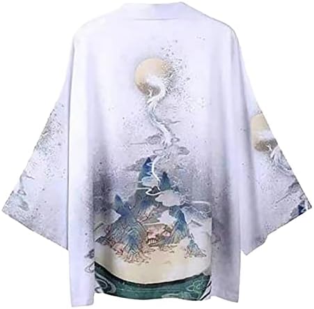 Xxbr mens јапонски стил кимоно, три четвртина ракав отворена предна лесна јакна змеј печати летен плажа кардиган маички за маици за облека