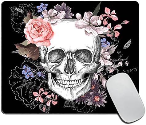 Подлога за глувци со череп, шеќер цвеќиња Скелет Скелет Ноќта на вештерките на сите светци, црна правоаголна подлога на глувчето,