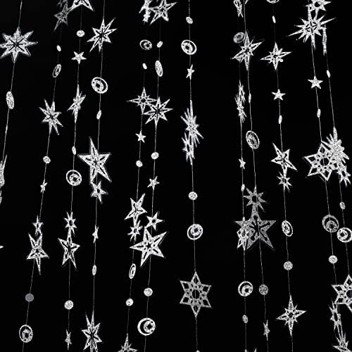 6 жици сјајно сребрена starвезда Гарланд за украси за забави ryвездени банер позадина Сонце Месечина starвезда виси роденденска