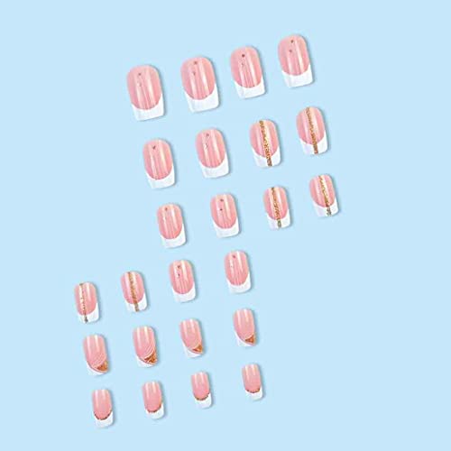 Фокуна Бело печат на нокти Медиум, розови лажни нокти квадратни акрилични лажни француски нокти, француски вештачки нокти за жени