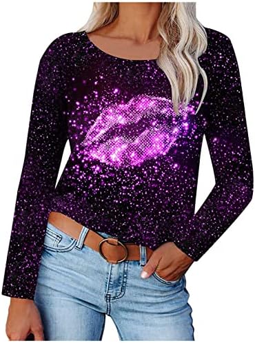Narhbrg дами starвездени небесни секвенци за печатење кошули за женски модни усни печатени маици врвови каузална екипаж со долг ракав