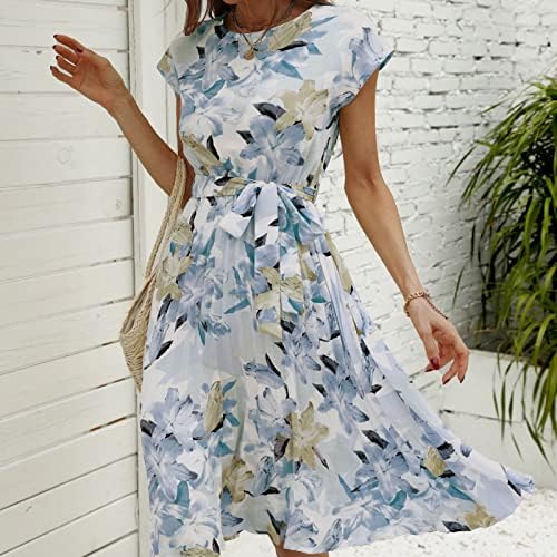 Летен плетен фустан за жени капаче за ракав, цветни печати миди фустани, кои се појавија високи половини, бохо -случајна симпатична проточна