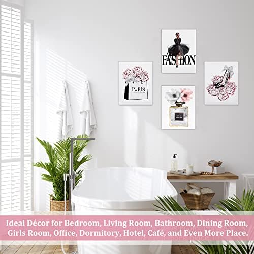 Cozitech Мода жени платно wallидни уметности врамени, модерни уметнички дела за девојки спална соба wallид декор розови цвеќиња парфем уметност печатена чанта висока потп