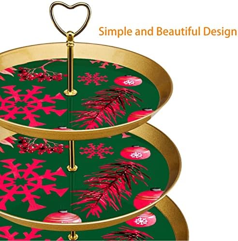 Штанд за Кекси од 3 Нивоа, Среќна Нова Година Црвени Божиќни Орнаменти Весели Божиќни Топчиња Пластични Чинии За Десерти Држач За Послужавник