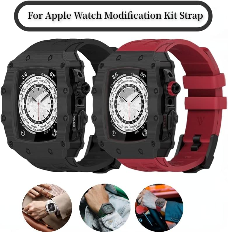 CNHKAU Комплет За Модификација На Јаглеродни Влакна Ремен За Apple Watch Band 45mm 44mm Гумена Нараквица Нараквица за iWatch 8 7 SE 6 5 4