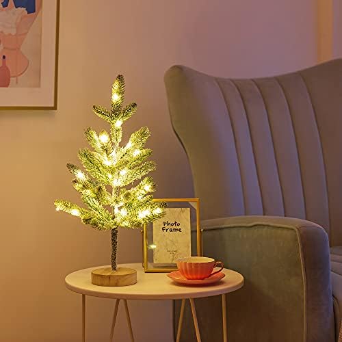 Мала елка за ламби за трпеза со 50 LED светла вештачко осветлено снежно бор од таблети декор 20,8 инчи лажно дрво за украси за централно