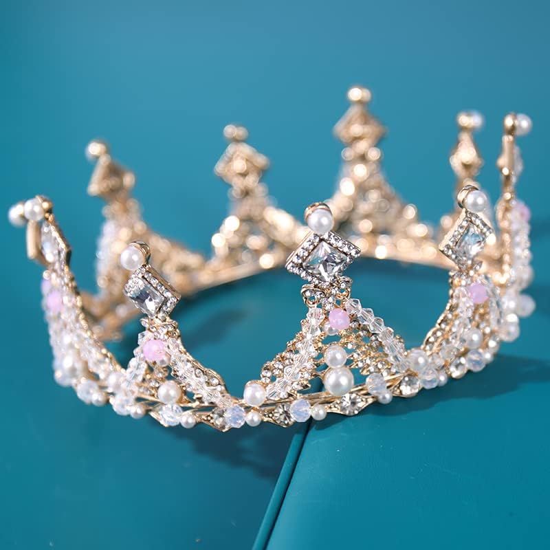 накит за коса круна дијадеми за жени Кристално Тркалезни Бисери Со Голема Круна Кристал Златни Гроздобер Дијадеми Кралица Принцеза Дијадеми