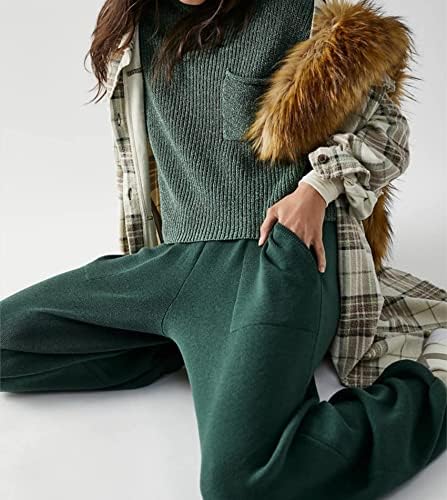 Јозази женски две парчиња облеки поставува џемпер со кратки ракави плетени врвови на пулвер и затегнати панталони