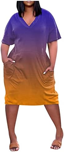 Официјални фустани за жени, женски лето плус големина V-врат со кратки ракави колено џеб печатен обичен фустан