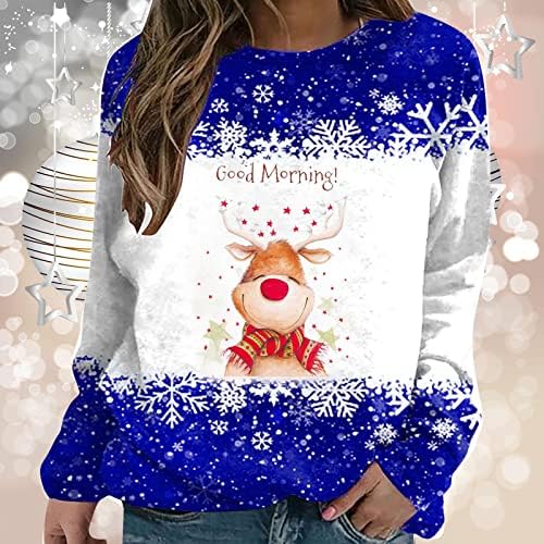 Womenенски добро утро Божиќ симпатична ирваси за џемпери на ирваси, обичен екипаж со долги ракави маички снегулка пулвер туничен