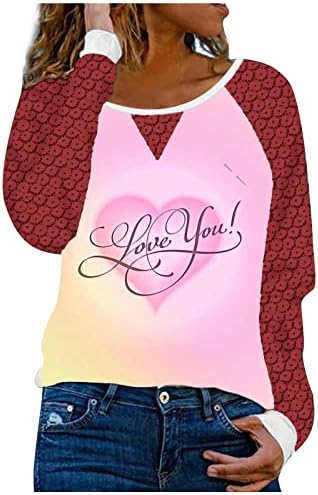Денот на в Valentубените, маица за маички за жени со долги ракави врвови чипка крпеница, облечена во лежерна слатка симпатична екипаж, кошули