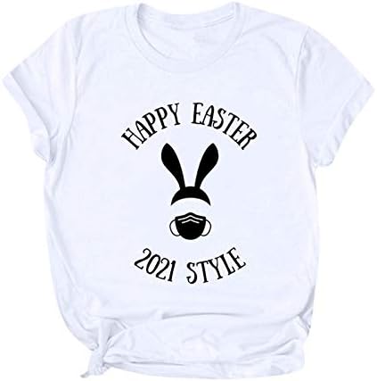 Здфер Велигденски зајаче печати маици за жени, симпатични лабави блузи со кратки ракави, обични врвови на екипажот на екипажот