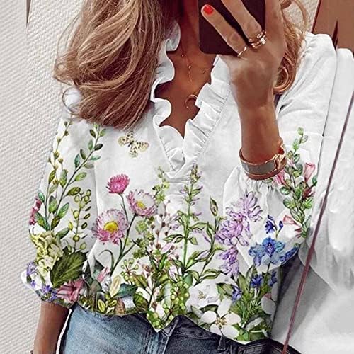 Стилски кошули за жени паѓаат обични со долги ракави маички со колани маици лабави цветни маички со цвеќиња, облечени симпатични блузи