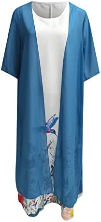 Миашуи формален долг фустан со ракави жени обичен печатен фустан со тркалезен ракав фустан од вратот, половина пливање шорцеви
