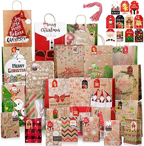 25 Пакувајте Божиќни Крафт Торби За Подароци 4 Избрани Големини Смешна Празнична Божиќна Хартија Добра Корист Торби Рефус Сет За Завиткување Кутија