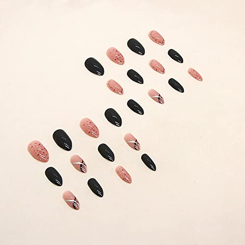 24 парчиња бадеми во форма на бадеми на нокти со средна должина лажни нокти со дизајн црна сребрена лента розови точки лажни