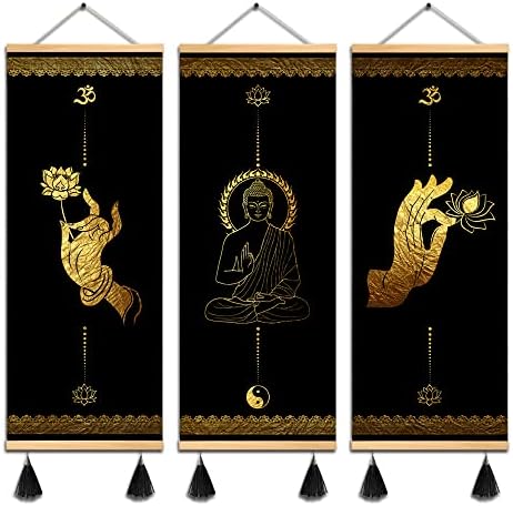 Mboufoey 3pcs будизам Зен уметност Буда рачни гестови злато црно платно wallидна уметност јога печатење постер за дрво за скролување
