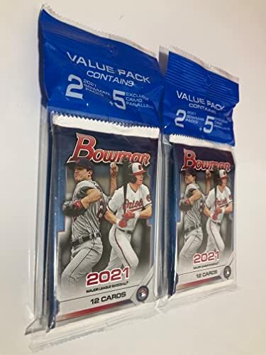 Пар од 2021 година, пакувања со вредност на бејзбол во Bowman - две фабрички запечатени пакувања со запечатена вредност - многу од 2