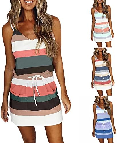 Firero летни фустани за жени 2023 година, шарени печати случајно плус големина без ракави со ракави џебови на плажа фустани на плажа