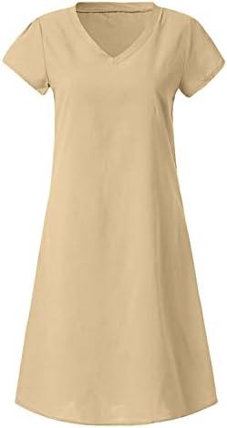 Летни фустани на м -ргиинри за жени 2023 обични памучни постелнина за одмор на плажа за одмор трендовски v врат краток ракав