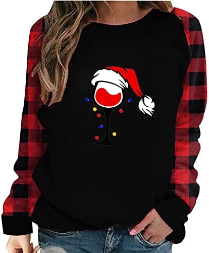 Женски Божиќни кошули врвови смешни карирани долги ракави Раглан бејзбол маици спојувајќи ги џемпери на вратот на вратот