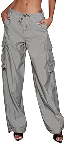 Keusn omeенски буги карго панталони лабави падобран панталони за жени џебови со низок половината, широки панталони со широки панталони