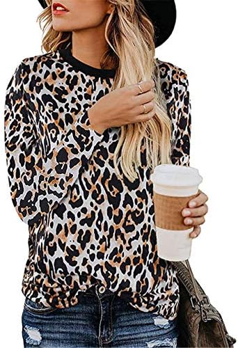 Андонгнивел Женски Обичен Леопард Печатење Блузи Маица Со Долги Ракави Блуза Вратот На Екипажот Божиќен Принт Врвот