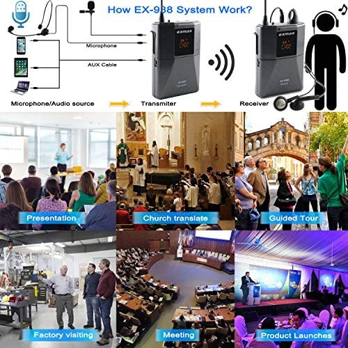 EXMAX Безжични Слушалки Микрофон Аудио Туристички Водич Систем 11 UHF Канали За Туристички Водич Патување Толкување