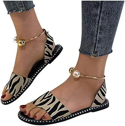Женски сандали рамни потпетици леопард печатење метални каиш на глуждот лежерен одмор на отворено пети плажа лизгачи