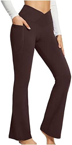 PXLOCO Casual Bootcut јога панталони за жени меки високи половини од треперење на тренингот Работни атлетски панталони за нозе со џеб