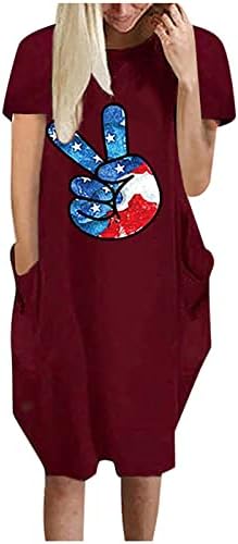 HCJKDU 4 -ти јули Фустани за жени околу кратки ракави на вратот Ден на независност Мини фустан лабав обичен фустан со џебови