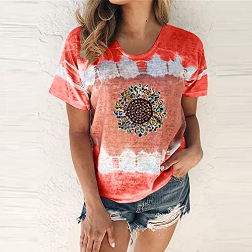 Womenените летни врвови женски обични модни сончогледни тркала врата вратока боја печатење кратки ракави маички блузи врвови жени
