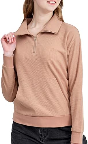 TrendStitch halfенски полу -џемпер со долги ракави со долги ракави со лесен тенок четвртина патент вафли пулвер врвови со џебови