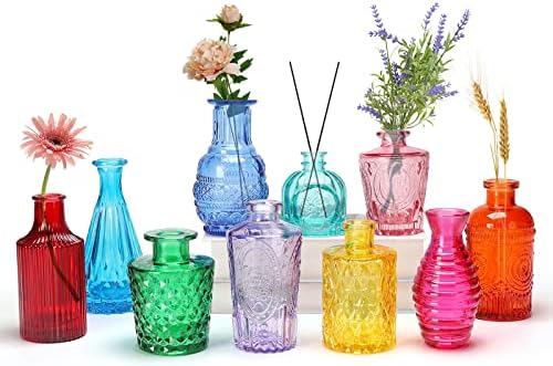 Обоена стаклена пупна вазна сет од 10 - мали вазни за цвеќиња гроздобер стилови мали цветни вазни за домашни декоративни, мини