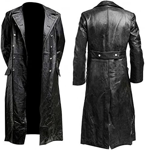 Менс гроздобер црн кожен ров палто германски класичен WW2 офицер воен униформа палто со долг моторцикл јакна