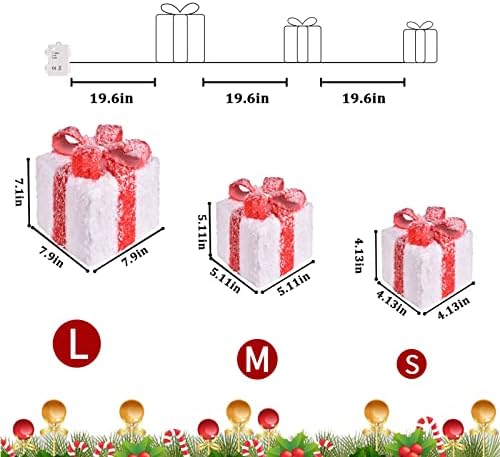 Аонеарни Божиќни осветлени кутии за подароци, сет од 3 затворени кутии за отворено за патеки дома Двор X-Mas Декорации за забави
