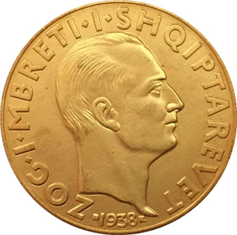 35мм Чист Бакар Позлатен Антички Сребрен Долар Монета Албанија Монета 1938 Занает