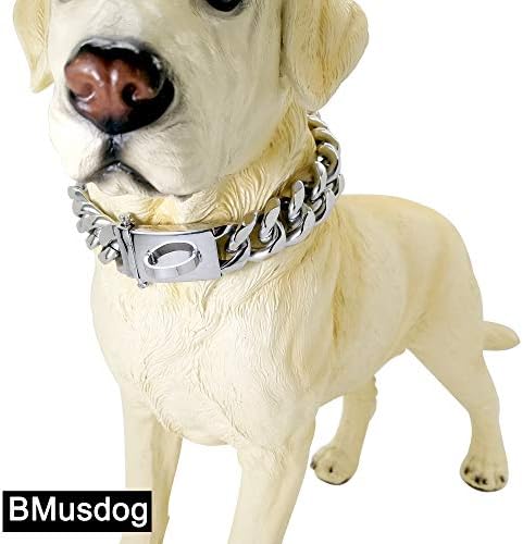 Bmusdog сребрена кучиња ланец јака одење метален ланец јака со дизајн безбедна тока кубанска врска силна тешка должност доказ