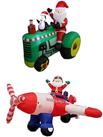 Два божиќни украси за украси, вклучува 5,3 нозе Божиќно надувување на Дедо Мраз со трактор со пингвин, и 8 нозе анимирани Божиќни надуени