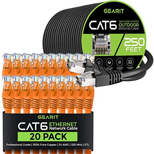 GearIT 20Pack 3ft Cat6 Етернет Кабел &засилувач; 250ft Cat6 Кабел